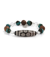 7-Eyed Dzi Bracelet with Silver Inlay, Peacock Blue Tiger’s Eye & Agarwood