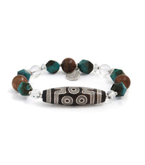 7-Eyed Dzi Bracelet with Silver Inlay, Peacock Blue Tiger’s Eye & Agarwood
