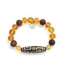 9-Eyed Dzi Bracelet with Silver Inlay, Citrine & Agarwood