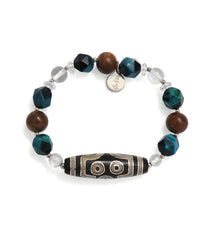 7-Eyed Dzi Bracelet with Silver Inlay, Peacock Blue Tiger’s Eye & Agarwood
